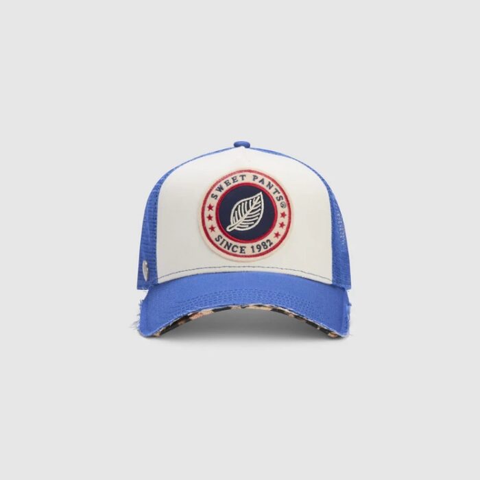 Casquette visiere déchirée coloris bleu petrol et leopard