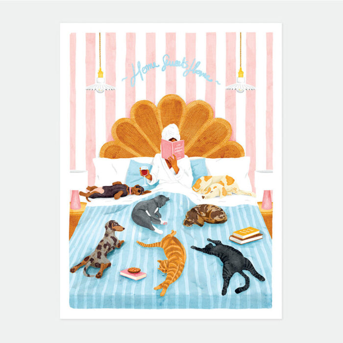 Affiche Life with pets & plants All The Ways To Say, femme au lit entourée de chiens et chats